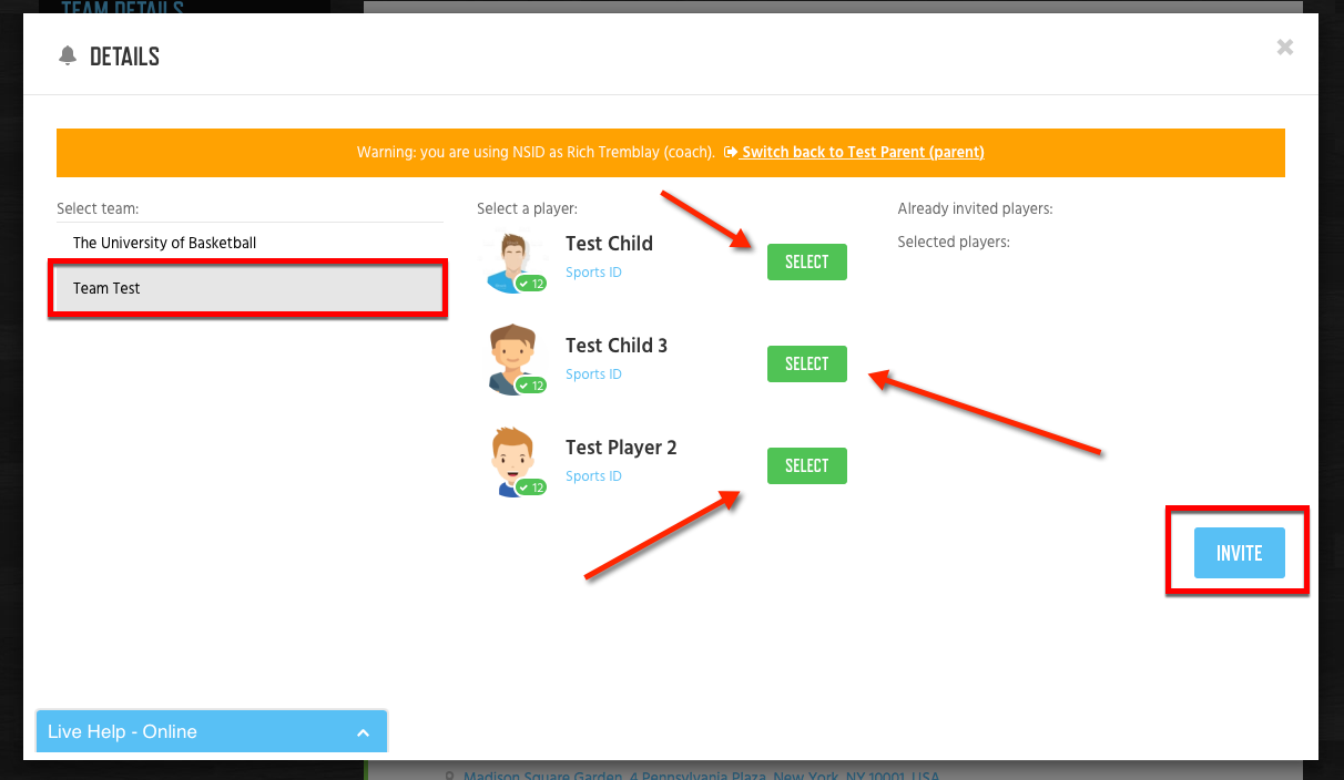 5 - Select Team and Players for Invite